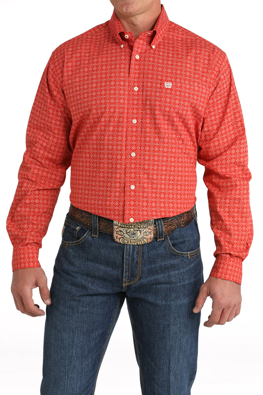 Men's Geometric Print Button-Down Western Shirt - Red