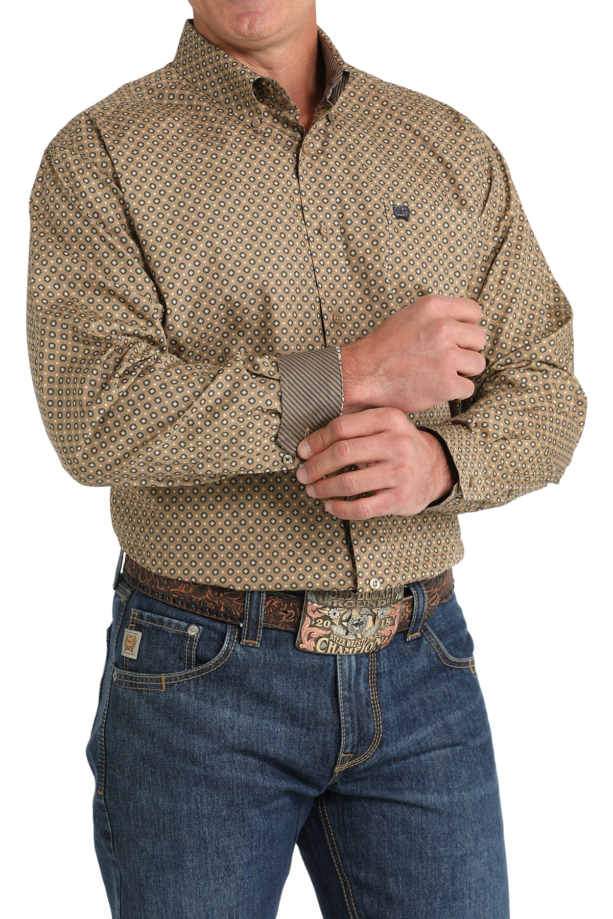 Men's Geometric Print Button-Down Western Shirt - Brown