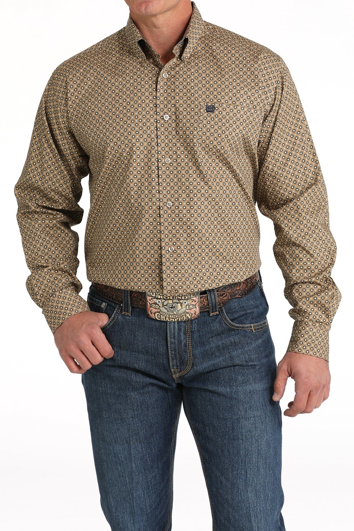 Men's Geometric Print Button-Down Western Shirt - Brown