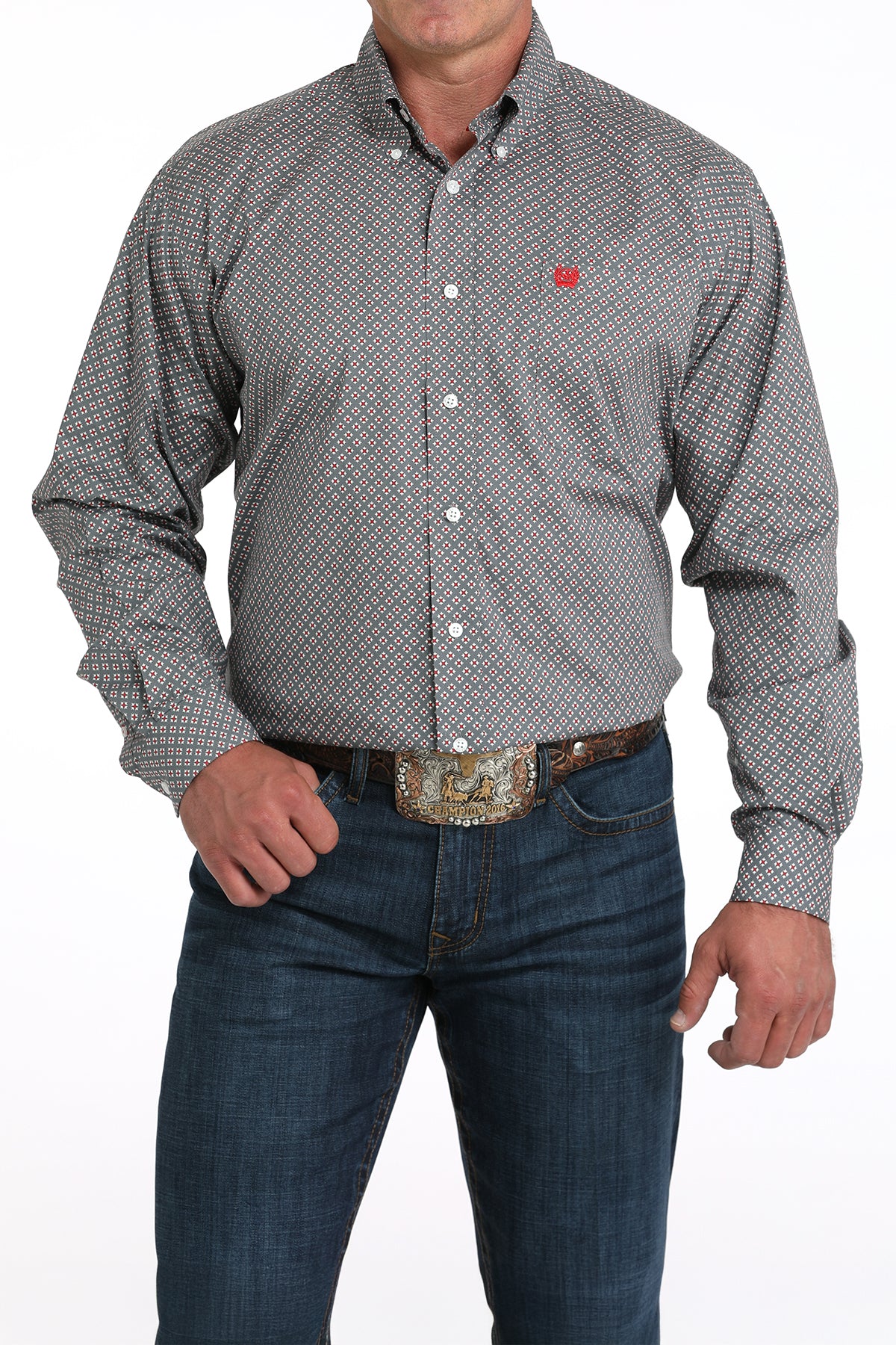 MTW1105985 | MEN'S CINCH GREY/RED DIAMOND PRINT L/S SHIRT