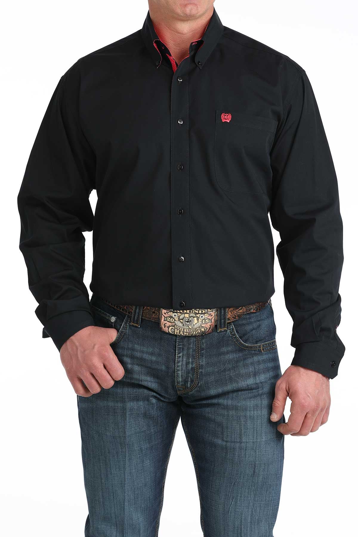 MTW1106042 | CINCH MEN'S BLACK SOLID/PINK CINCH LOGO L/S SHIRT