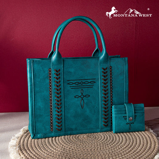 Montana West Whipstitch Concealed Carry Tote With Matching Bi-Fold Wallet - Turquoise