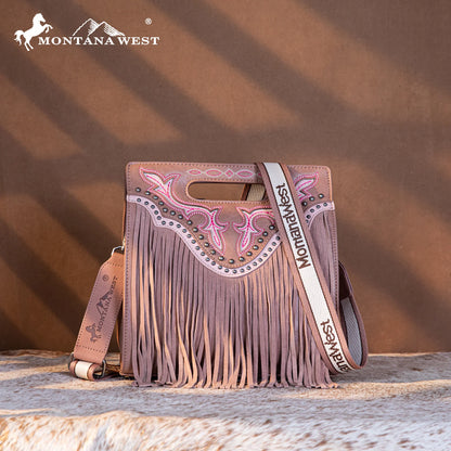 Montana West Fringe Embroidered Concealed Carry Tote/Crossbody - Dusty Pink