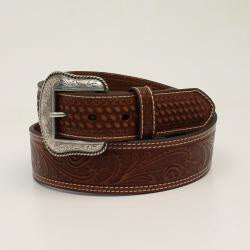 N210003202 | NOCONA MEN'S BROWN FLORAL BASKETWEAVED BROWN TOOLED LEATHER BELT