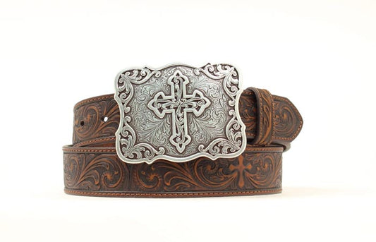 N3483802| NOCONA WOMEN'S DK BROWN LARGE CROSS BUCKLE  TOOLED BELT