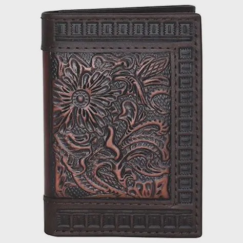23205322W11 | JUSTIN DARK BROWN TOOLED TRI-FOLD WALLET