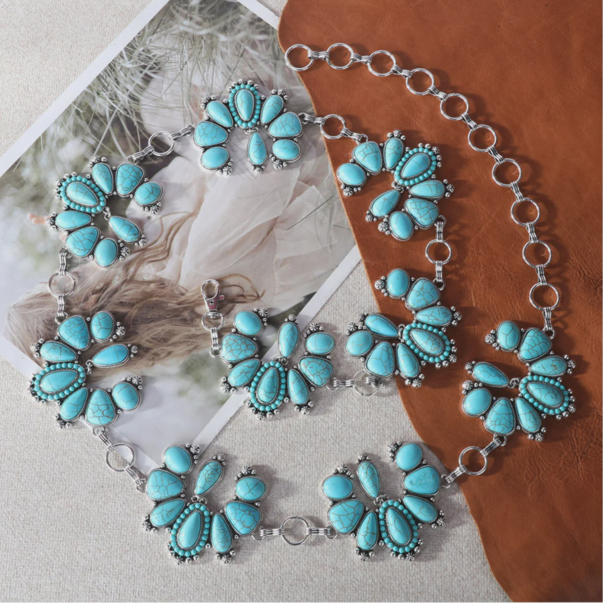 RCB-1048 | RUSTIC COUTURE ETCHED OVAL FLOWER STONE CONCHO LINK CHAIN BELT