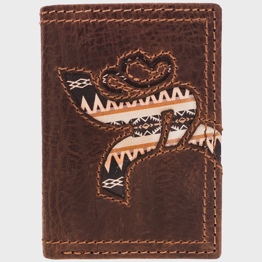 RTF011-BRAZ | HOOEY "STRAP" BROWN AZTEC INLAY ROUGHY TRI-FOLD WALLET