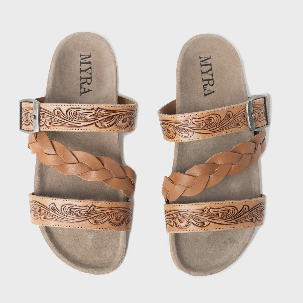 S-12709 | MYRA DUSTBARK HAND-TOOLED LEATHER SANDALS - RUSTIC TAN