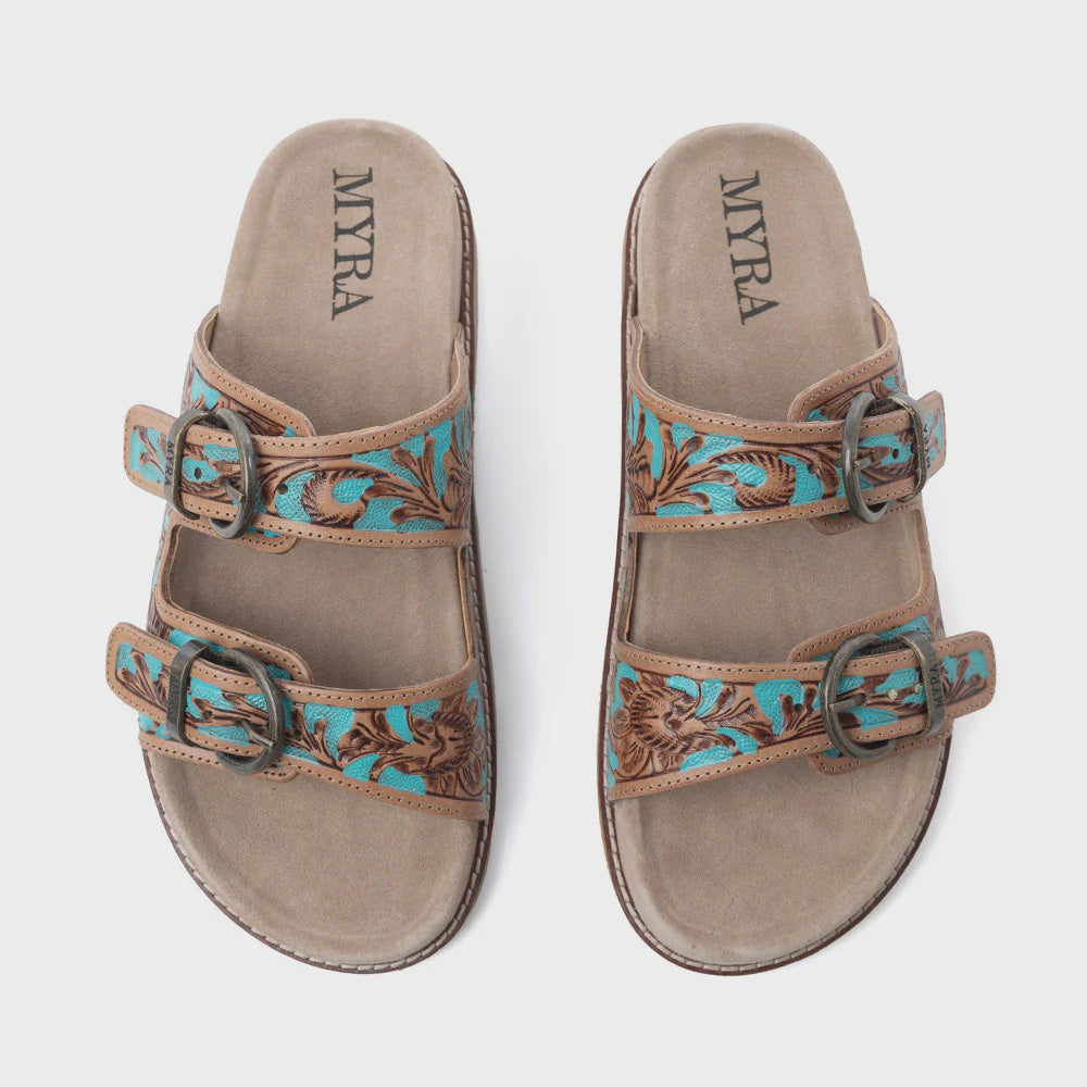 S-14069 | MYRA MEADOW SKY HANDTOOLED LEATHER SANDALS - SAGEWAVE BLUE