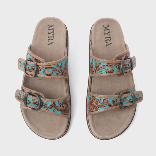 S-14069 | MYRA MEADOW SKY HANDTOOLED LEATHER SANDALS - SAGEWAVE BLUE