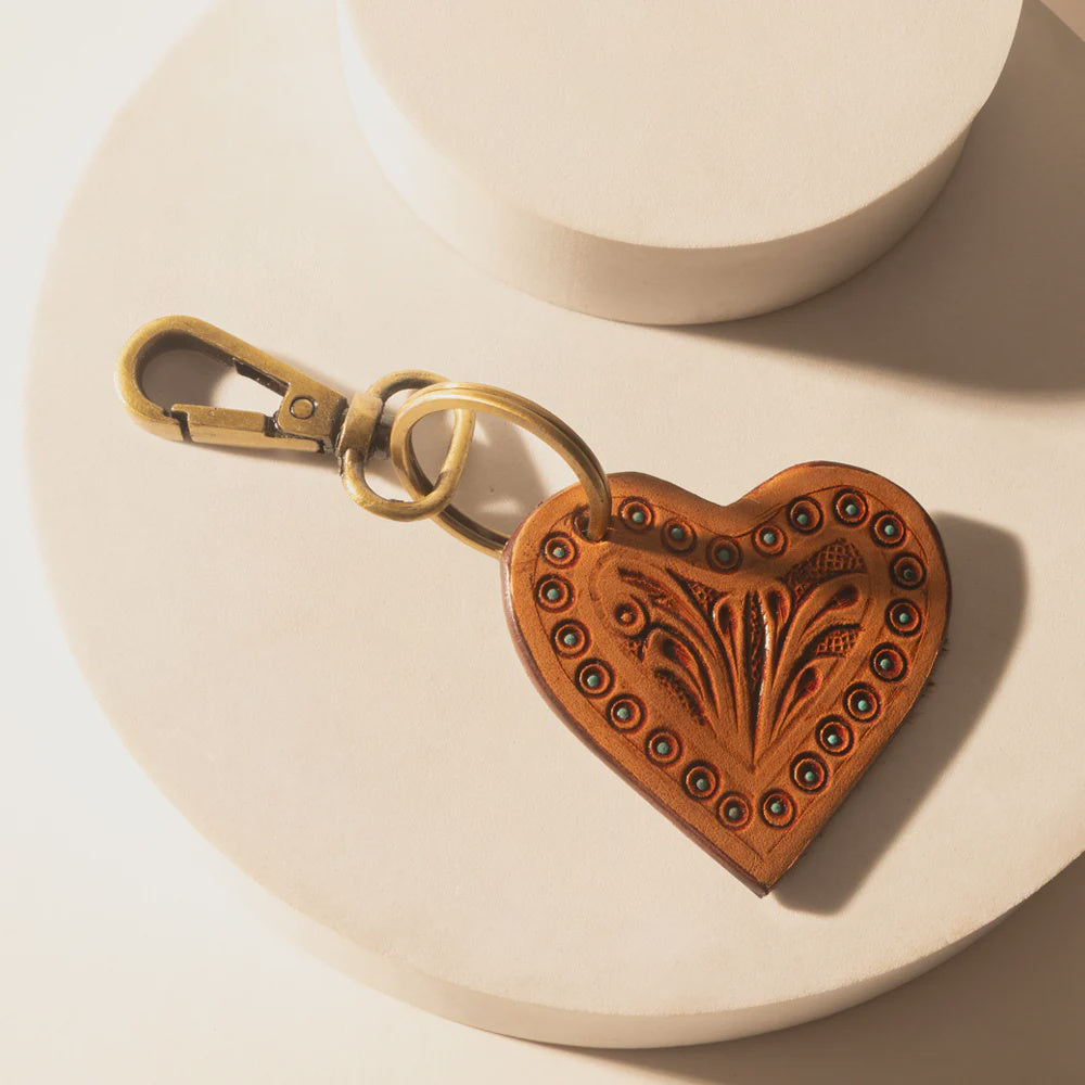 S-14469 | MYRA CARVED HEART WESTERN KEY FOB DARK BROWN HANDTOOLED