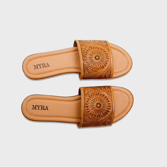 S-6920 | MYRA WOMEN'S WAPPAL WESTERN HAND-TOOLED SANDALS - BROWN