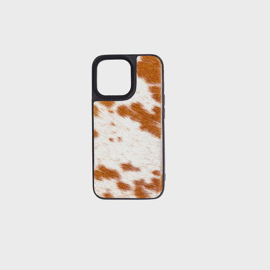 S-9698-COWHIDE | MYRA IPHONE 13 PRO MAX COWHIDE PHONE CASE - BROWN & WHITE