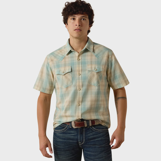 10073575 | ARIAT MEN'S HARTMAN S/S FITTED SNAP SHIRT - AQUIFER PLAID