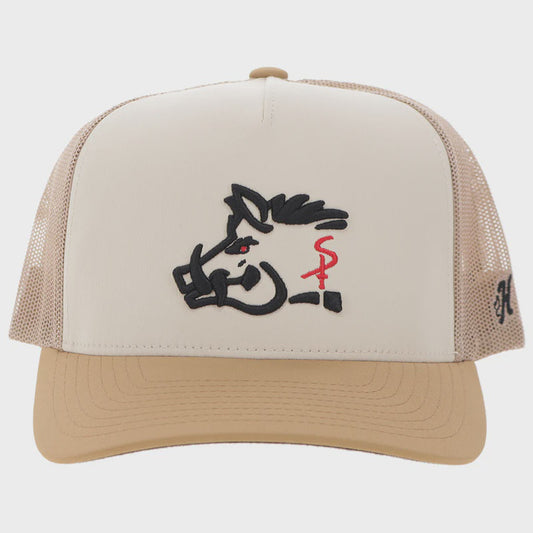 SP2602T-TN | HOOEY SNIPER PIG TAN 5 PANEL TRUCKER WITH BLACK/RED SNIPER PIG LOGO CAP