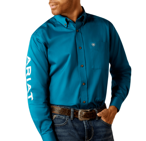 10052825 | ARIAT MEN'S DARK TEAL/WHITE TEAM LOGO TWILL CLASSIC FIT LS SHIRT