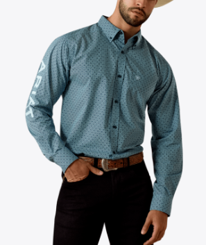 10071018 | ARIAT  MEN'S TEAM JANSEN FITTED LS SHIRT - NAVY/LIGHT BLUE