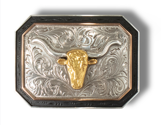 A37057 | ARIAT RECTANGLE LONGHORN ANTIQUE SILVER BUCKLE