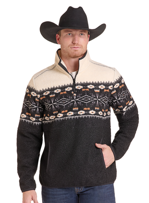 DM91C09258 | ROCK & ROLL MENS AZTEC BORDER BERBER PULLOVER - BLACK