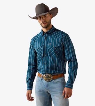 10079442 | ARIAT MEN’S PRO SERIES WOLFGANG CLASSIC FIT L/S SNAP SHIRT - SAILOR BLUE VERTICAL STRIPE