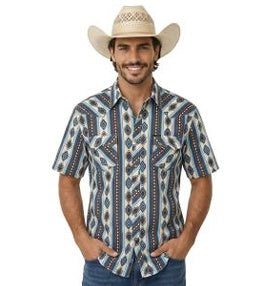 BMN3S11272 | ROCK&ROLL MEN'S AZTEC SERAPE PRINT S/S SHIRT - BLUE