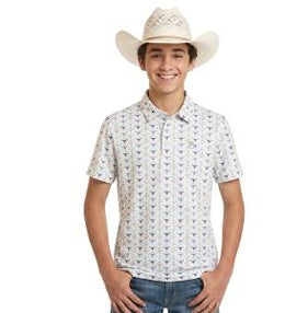 TB51T11211 | ROCK&ROLL BOY'S LONGHORN PRINT S/S SNAP POLO - POWDER BLUE