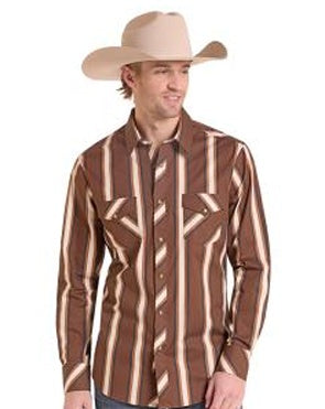 BMN2S10119 | ROCK&ROLL MEN'S STRIPE PRINT L/S SNAP SHIRT - BROWN
