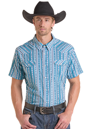 TMN3S09518 | ROCK&ROLL MEN'S 2 POCKET STRIPE PRINT S/S SHIRT - TEAL