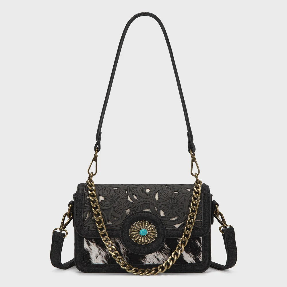TR205-888BK | TRINITY RANCH COWHIDE FLORAL CUTOUT CROSSBODY