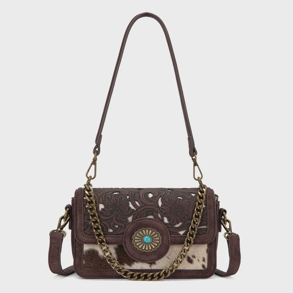 TR205-888CF | TRINITY RANCH COWHIDE FLORAL CUTOUT CROSSBODY