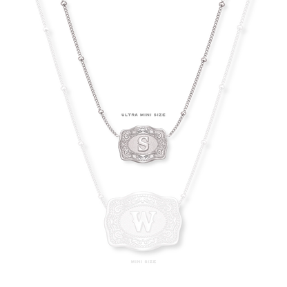 SPURWEST ULTRA-MINI SILVER INITIAL BELT BUCKLE NECKLACE - BEADED CHAIN