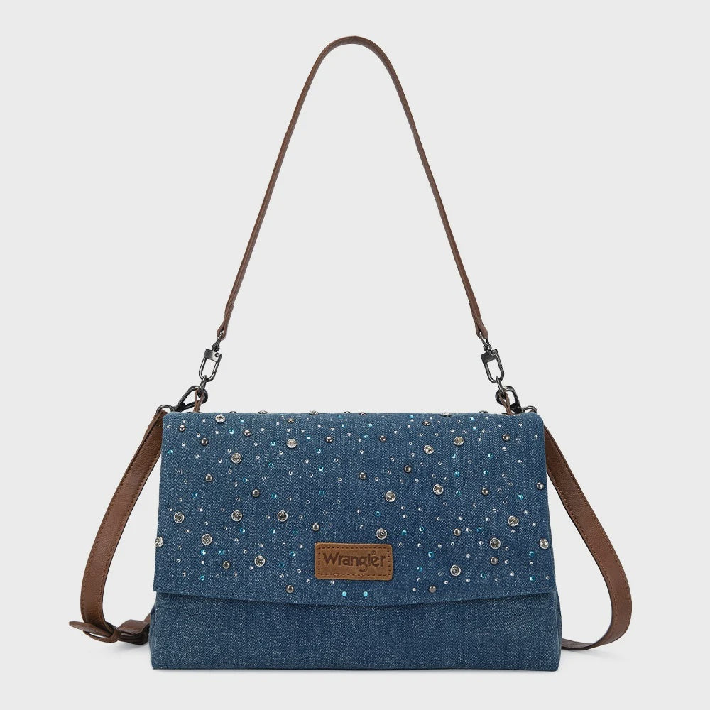 WG-HB-458-990-DJN | WRANGLER RHINESTONE DENIM FLAP SHOULDER BAG -DARK JEAN