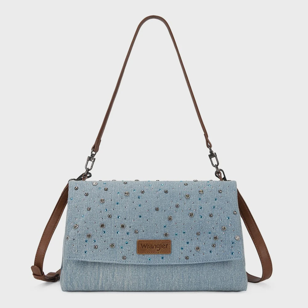 WG-HB-458-990-JN | WRANGLER RHINESTONE DENIM FLAP SHOULDER BAG