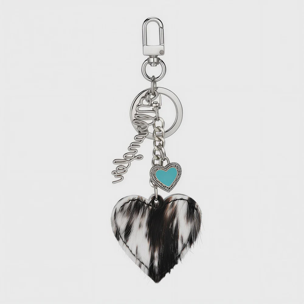 WGC-1017BK | WRANGLER COWHIDE HEART BAG CHARM - BLACK & WHITE