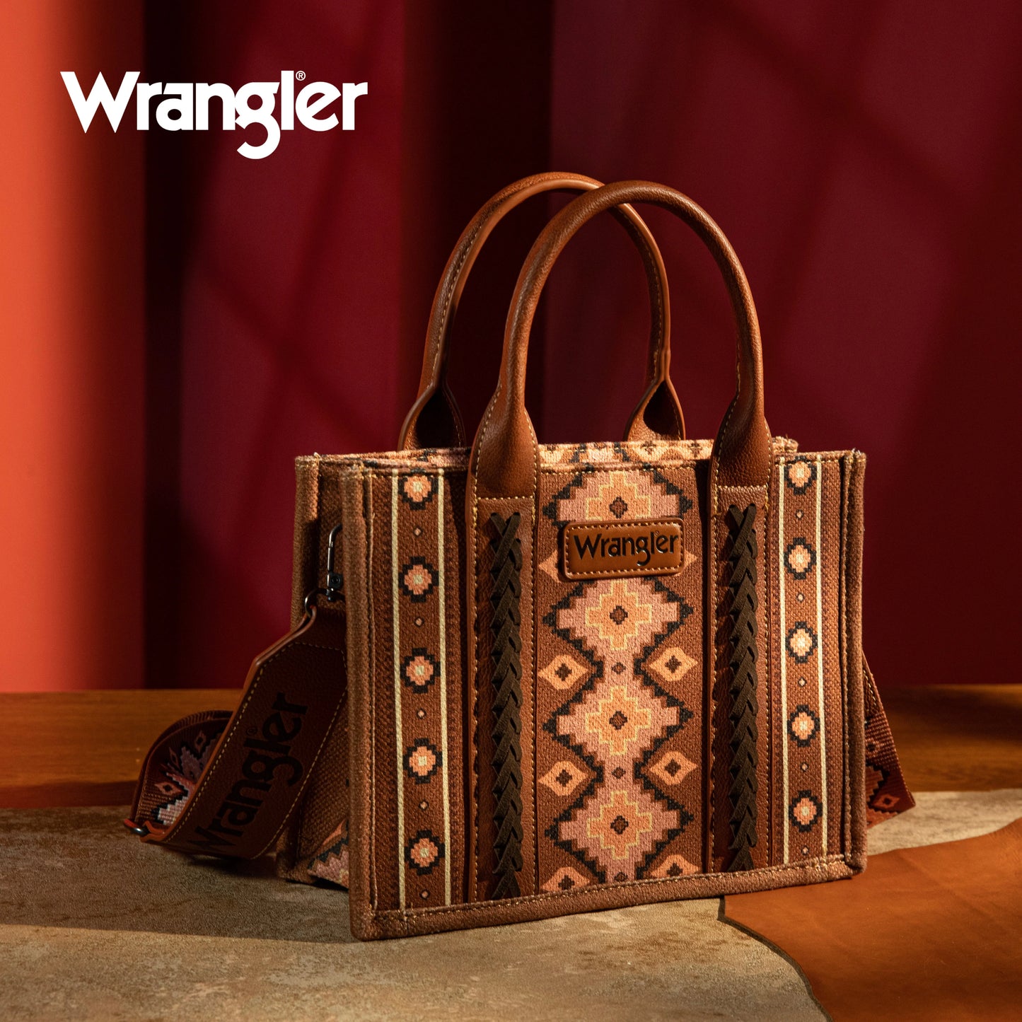 Wrangler Southwestern Print Small Canvas Tote/Crossbody - Dark Brown