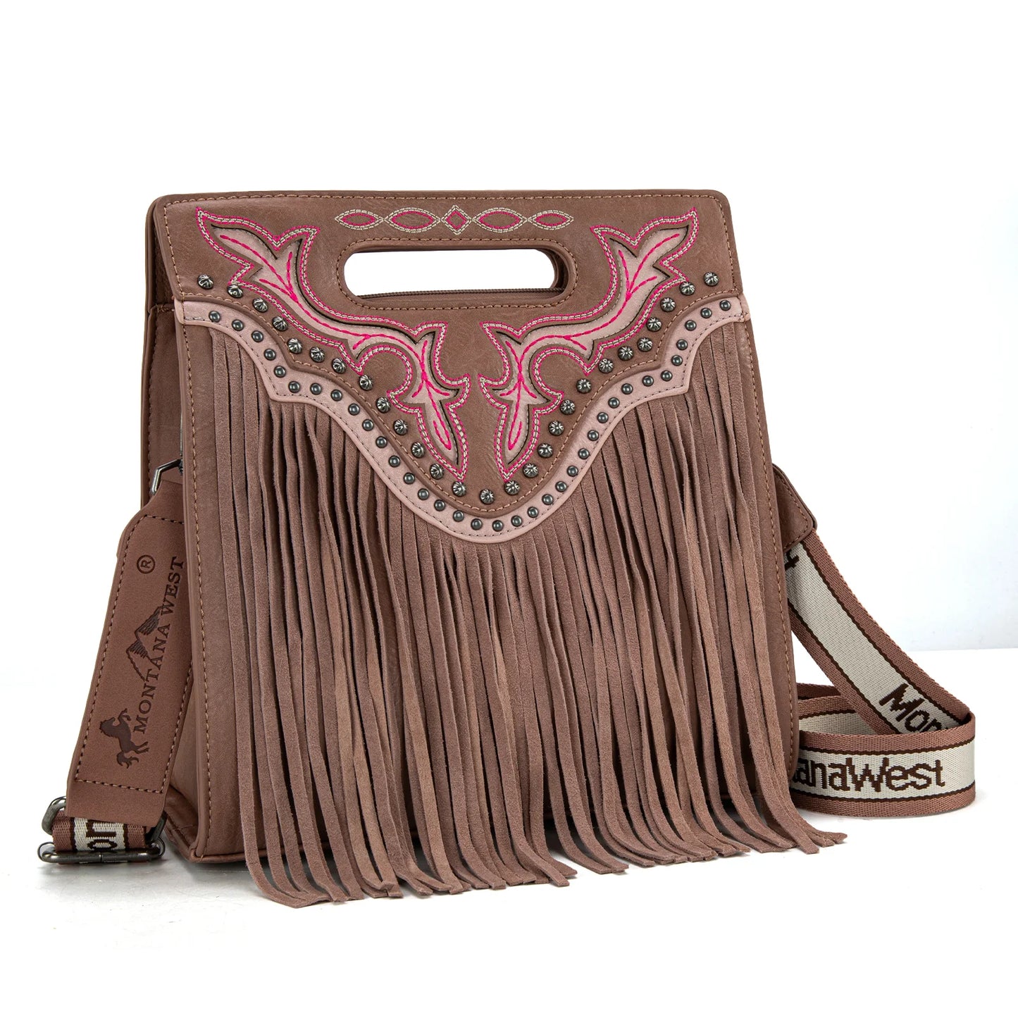 Montana West Fringe Embroidered Concealed Carry Tote/Crossbody - Dusty Pink