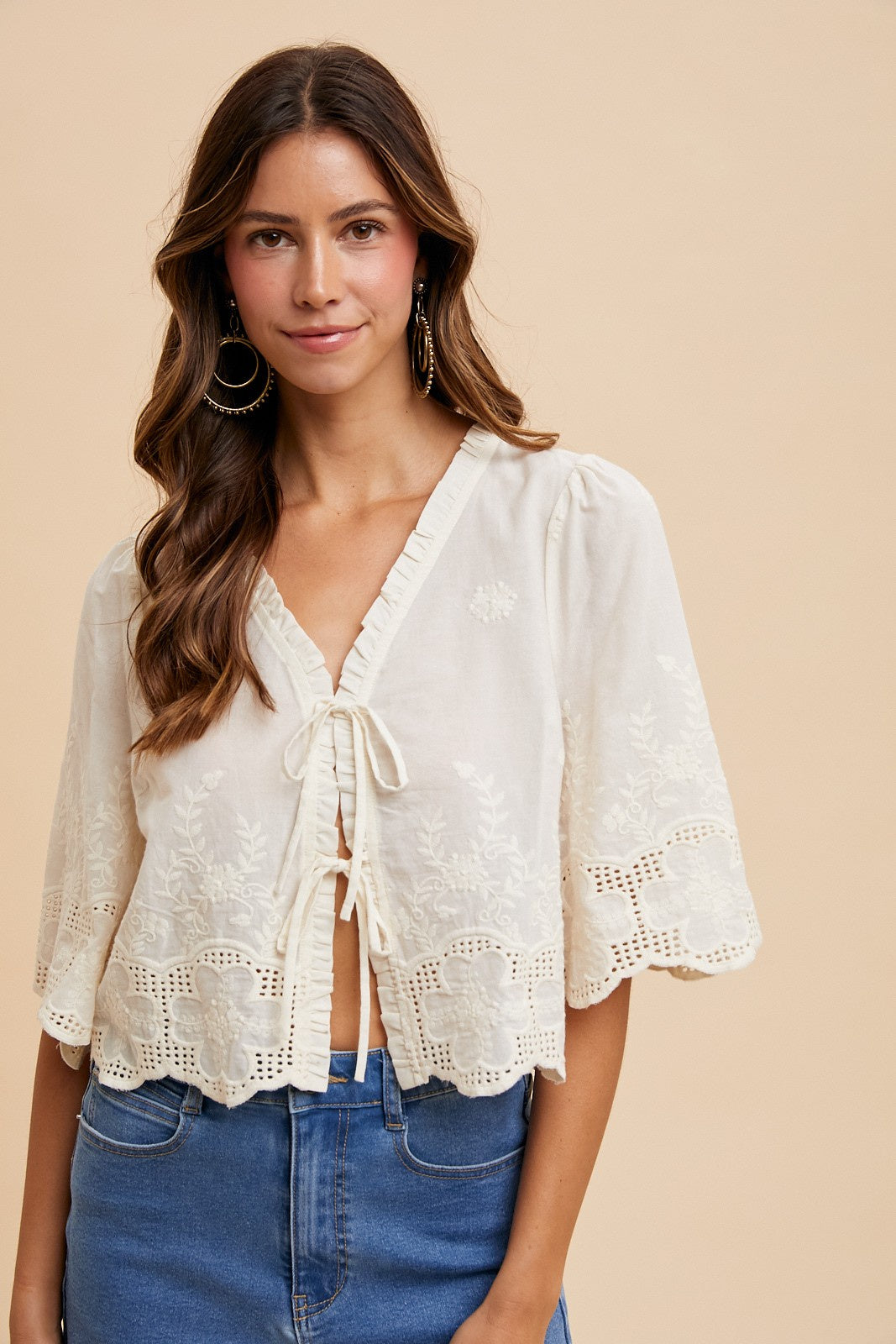 AT2643 Top Floral Embroidery Tie Front Blouse