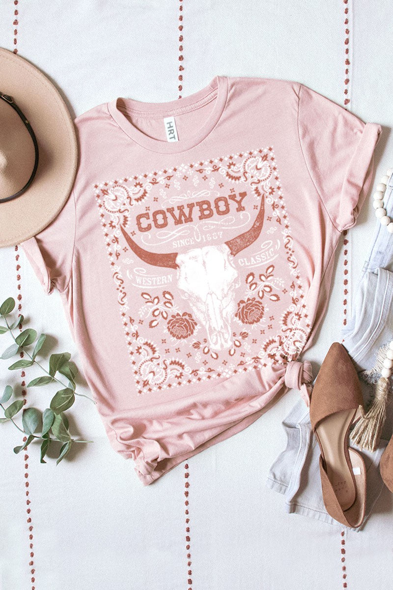HL50157CR | WOMENS COWBOY COW SKULL TEE