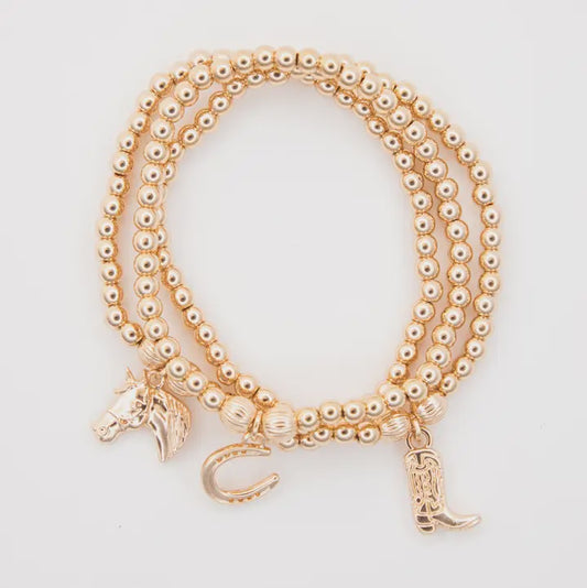 BR1526G | WEST&CO 3PC DAINTY BRACELET W/ HORSESHOE, BOOT CHARMS