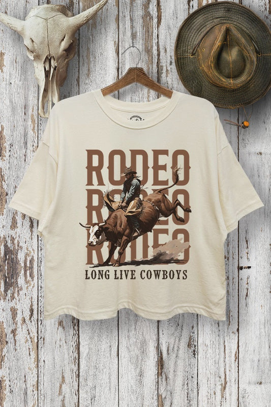 TC550-P7034 | WOMEN'S RODEO LONG LIVE BOXY S/S CROP TOP