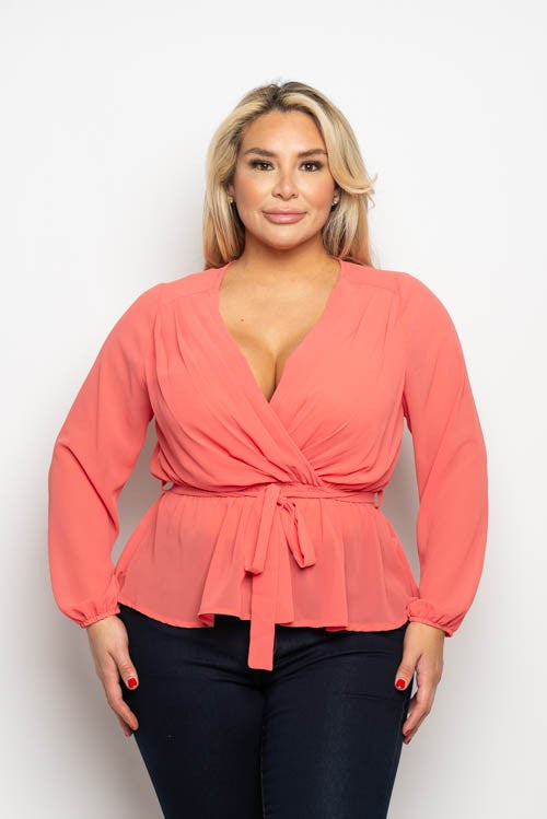 ZB12856  | WOMENS PLUS SIZE CHIFFON SURPLICE TIE WAIST LONG SLEEVE SHIRT