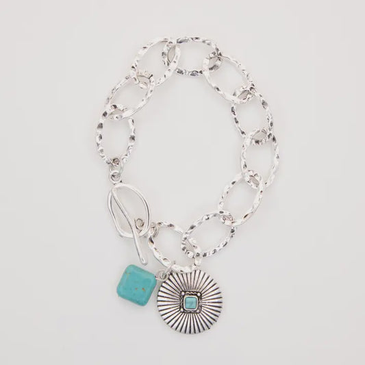 BR1522S | WEST&CO 7" CHUNKY CHAIN WITH CONCHO CHARM AND TOGGLE CHARM BRACELET