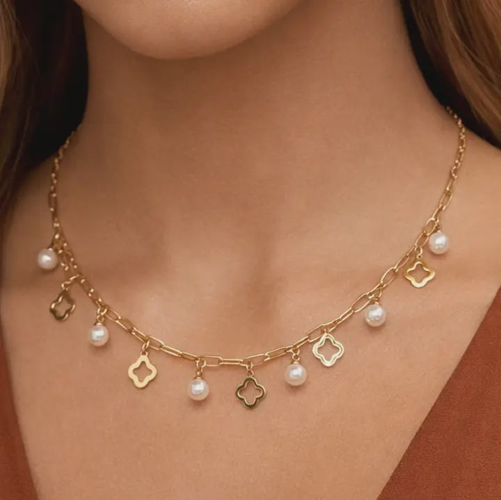 18K GOLD PVD-PLATED STAINLESS-STEEL CLOVER PEARL NECKLACE
