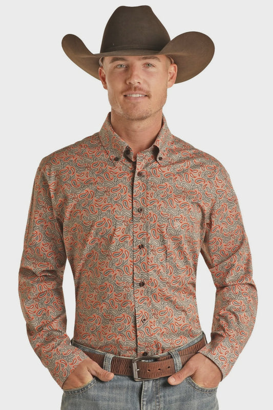 BMB2S02139 | ROCK & ROLL MENS ORANGE PAISLEY LS BD SHIRT