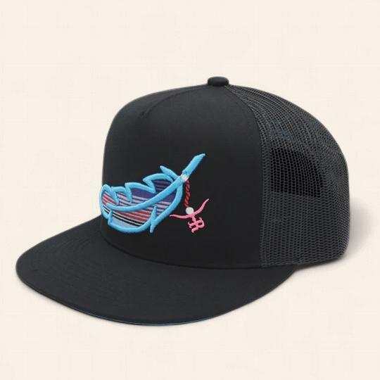 THE RANCHER HAT CO. "FEATHERED OUTLAW" FLAT BILL - BLACK/SKY BLUE FEATHER