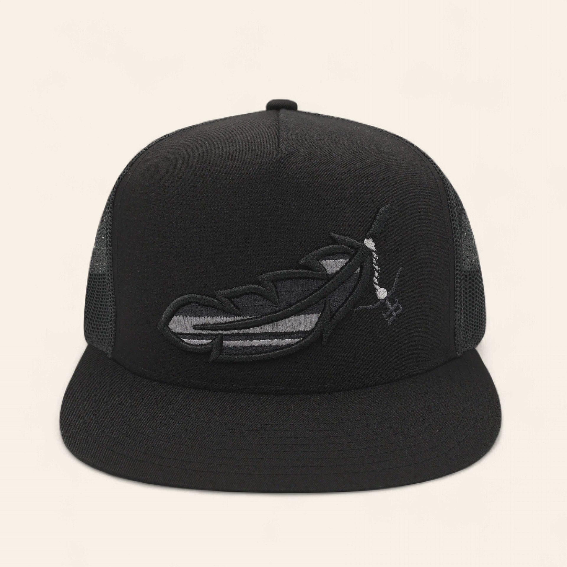 THE RANCHER HAT CO. " FEATHERED OUTLAW" FLAT BILL CAP - TOTAL BLACK
