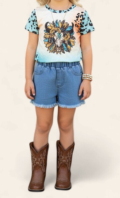 DLH1017-10/XCH09002 | GIRL'S SUNFLOWER T-SHIRT & DENIM SHORTS 2PC SET