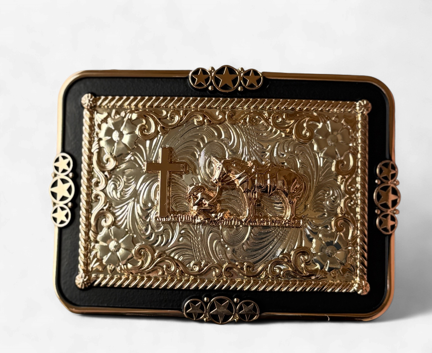 PRAYING COWBOY BLACK BORDER BUCKLE