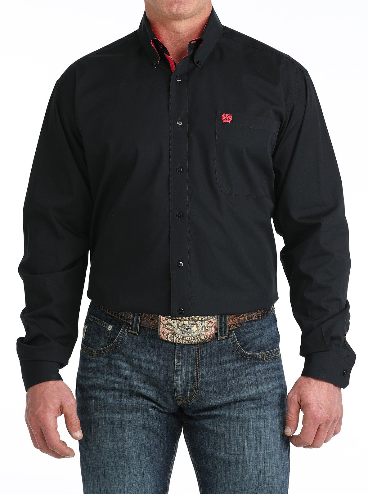 MTW106042X | CINCH MEN'S SOLID BLACK/PINK CINCH LOGO L/S SHIRT